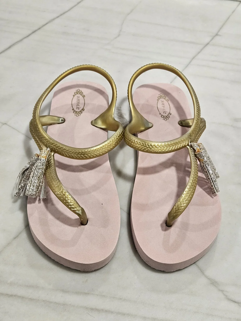 Joyfolie Girls Cassia Pink Gold Glitter Tassel Accent Flip Flops
